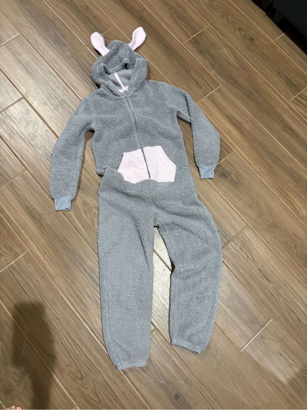 SO women’s Gray Plush Hoodie Onesie with Pink Trim